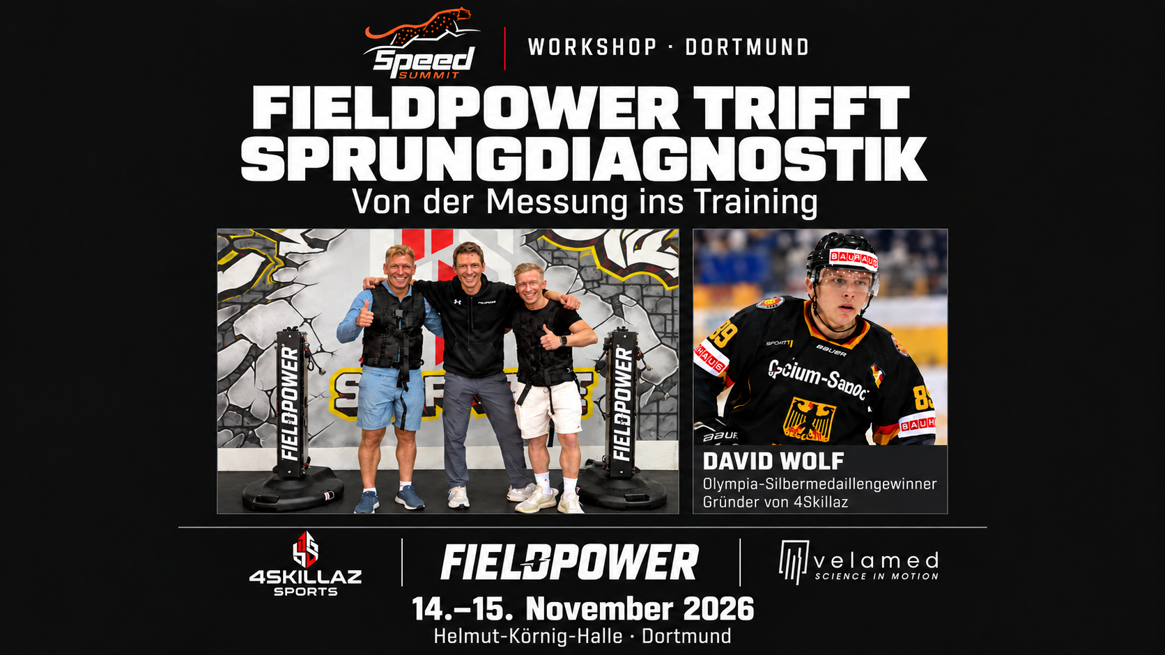FieldPower trifft Sprungdiagnostik: FieldPower, Velamed und David Wolf, Olympia-Silbermedaillengewinner und Gründer von 4Skillaz, beim Speed Summit am 14. und 15. November 2026 in Dortmund